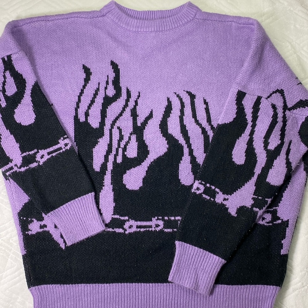 No Tag ✨ Purple and Black Barbed Wire Flames Sweater